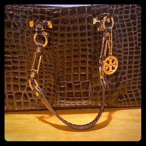 Brown patent leather tote